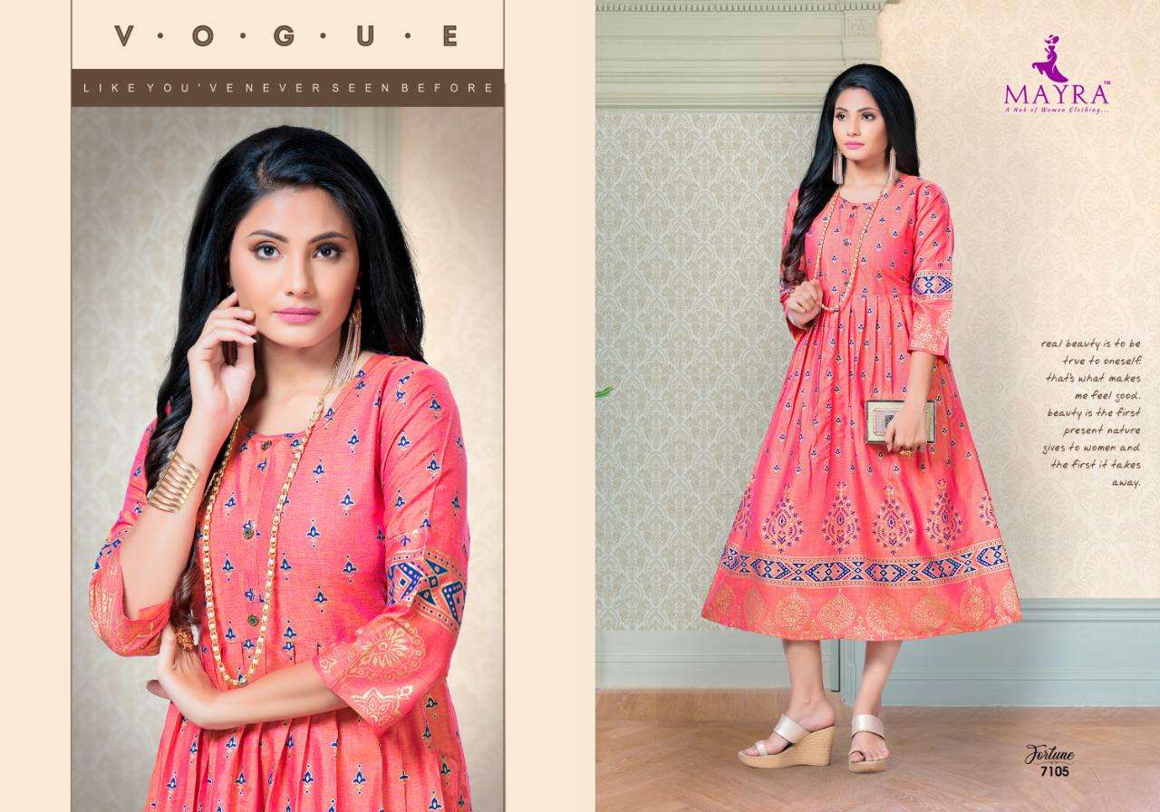 Mayra Fortune With Reyon 2 Ton With Machine Gold Print Kurti Catalog