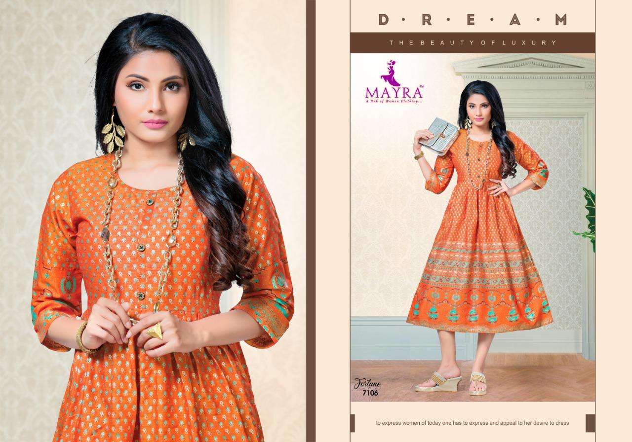 Mayra Fortune With Reyon 2 Ton With Machine Gold Print Kurti Catalog