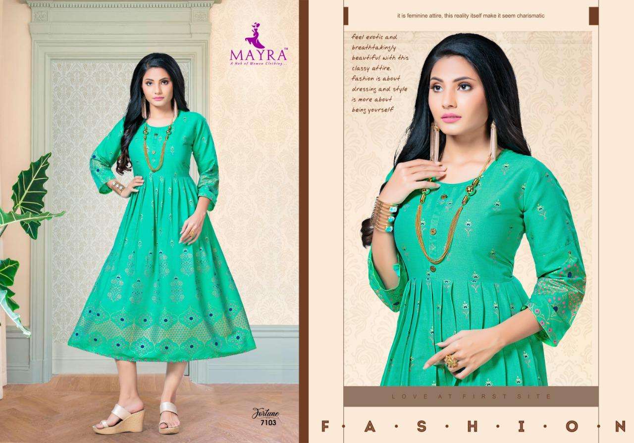 Mayra Fortune With Reyon 2 Ton With Machine Gold Print Kurti Catalog