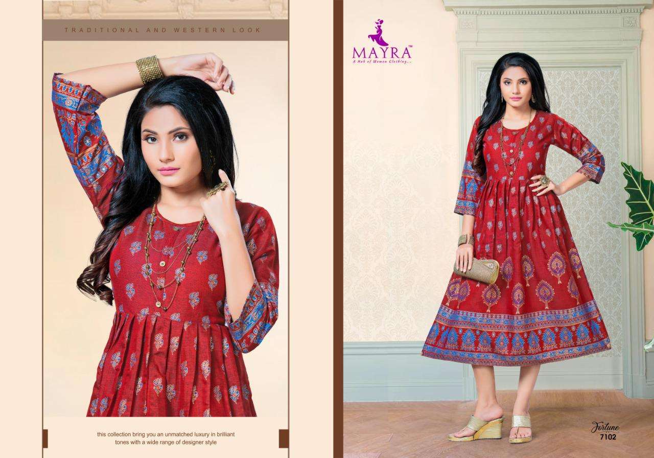 Mayra Fortune With Reyon 2 Ton With Machine Gold Print Kurti Catalog