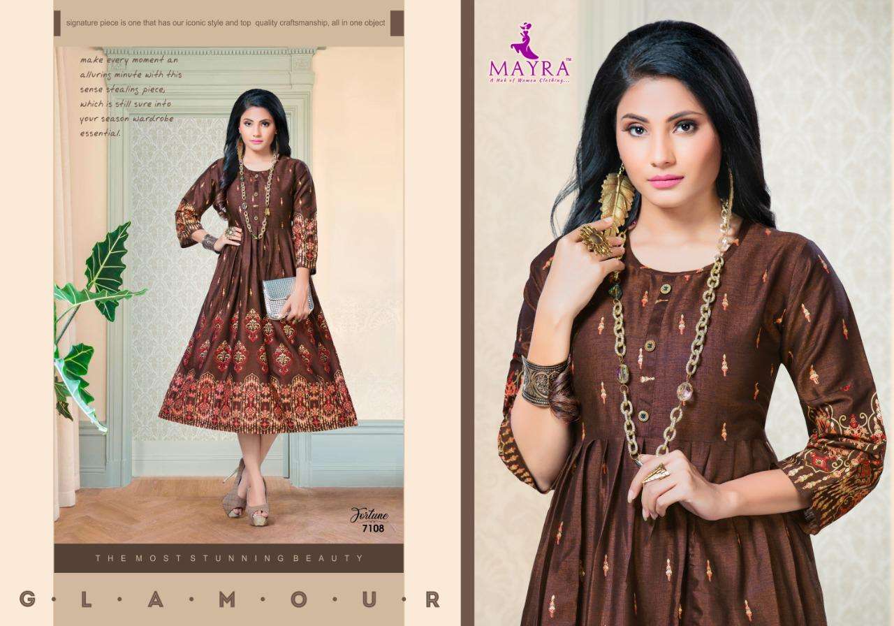 Mayra Fortune With Reyon 2 Ton With Machine Gold Print Kurti Catalog