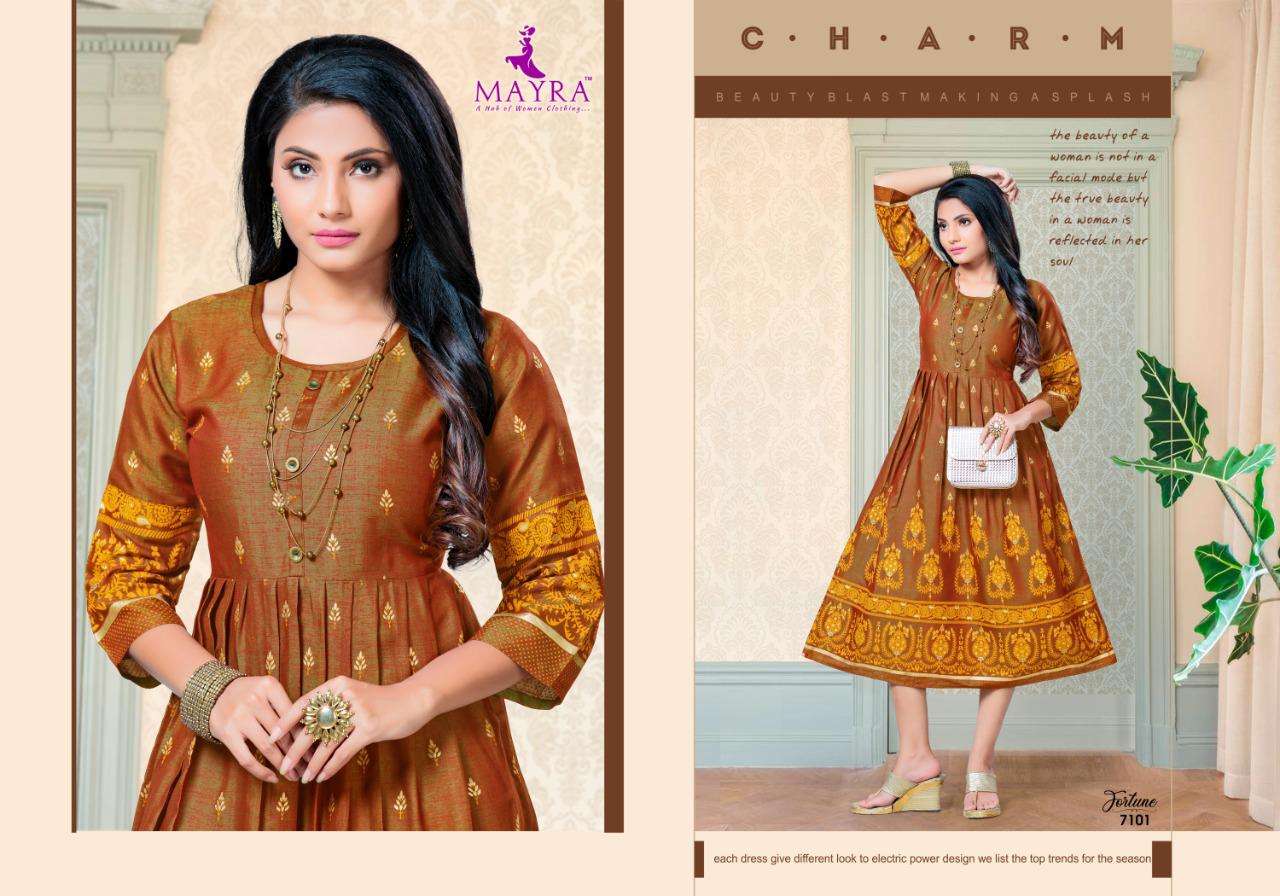 Mayra Fortune With Reyon 2 Ton With Machine Gold Print Kurti Catalog