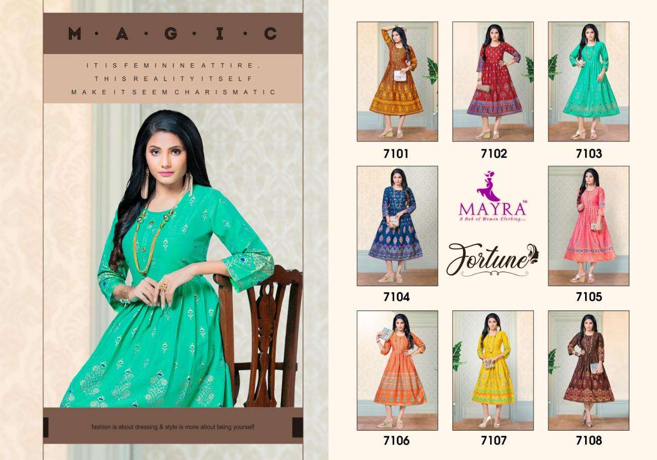 Mayra Fortune With Reyon 2 Ton With Machine Gold Print Kurti Catalog