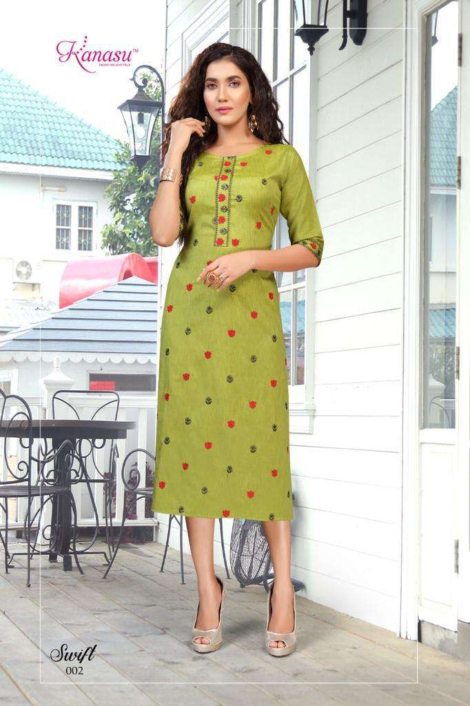 Swift By Kanasu Heavy Rayon Liqvid With Computer Kasab Work Pattern Kurti Catalog