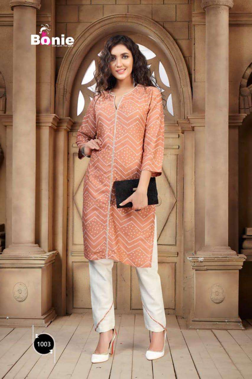 Tanvi By Bonie Heavy Rayon Top With Pant Kurti Catalog Collection Wholesaler Lowest Best Price In Ahmedabad Surat Chennai India Uk Usa Malaysia Singapore Canada Australia Mauritius