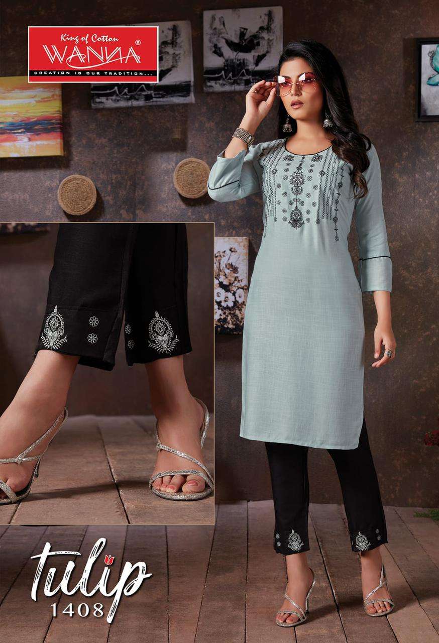 Tulip By Wanna Heavy Finest Quality Of Rayon 14 Kg Pure With Pant Kurti Catalog