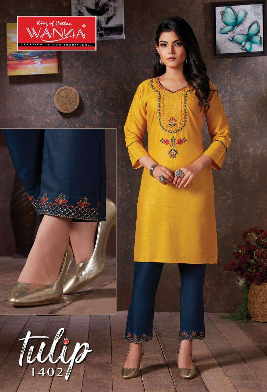 Tulip By Wanna Heavy Finest Quality Of Rayon 14 Kg Pure With Pant Kurti Catalog
