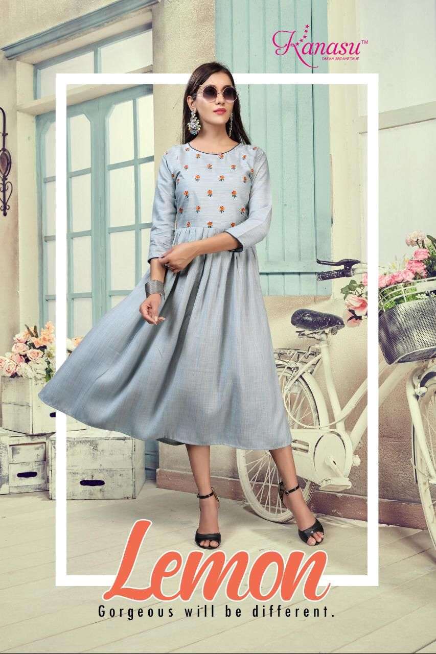 Lemon By Kanasu Reyon  Heavy Multi Flair With Embroidery Pattern Kurti Catalog Wholesaler Best Rate