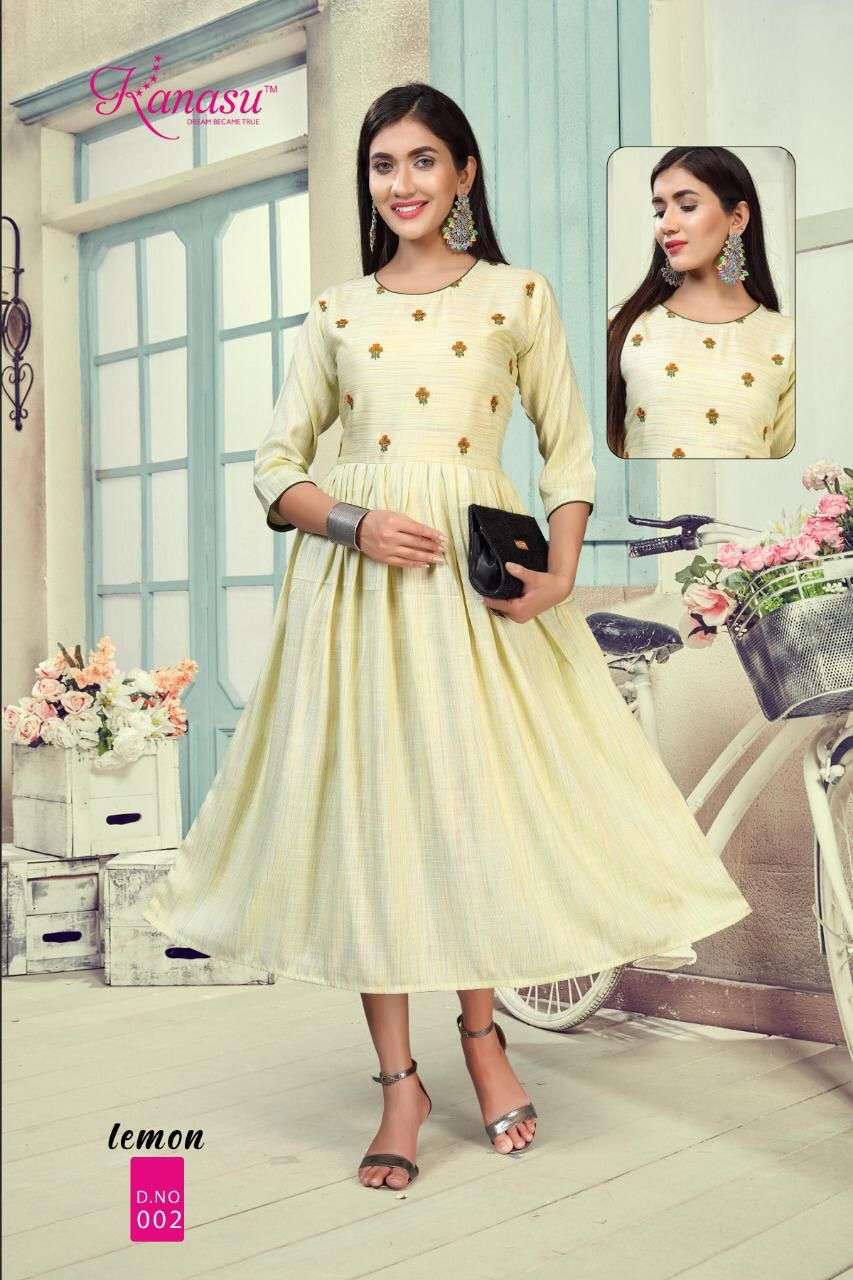 Lemon By Kanasu Reyon  Heavy Multi Flair With Embroidery Pattern Kurti Catalog Wholesaler Best Rate