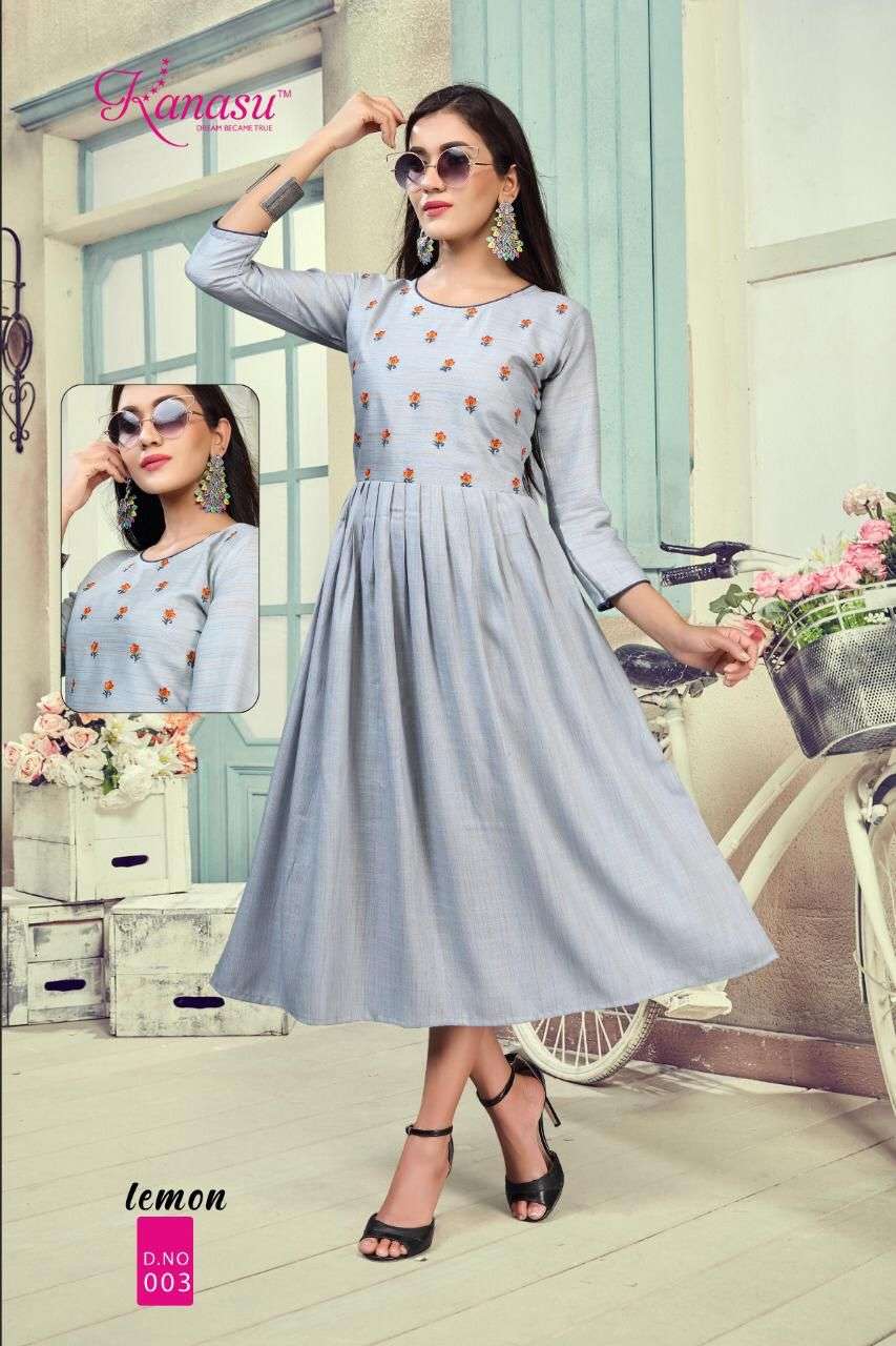 Lemon By Kanasu Reyon  Heavy Multi Flair With Embroidery Pattern Kurti Catalog Wholesaler Best Rate