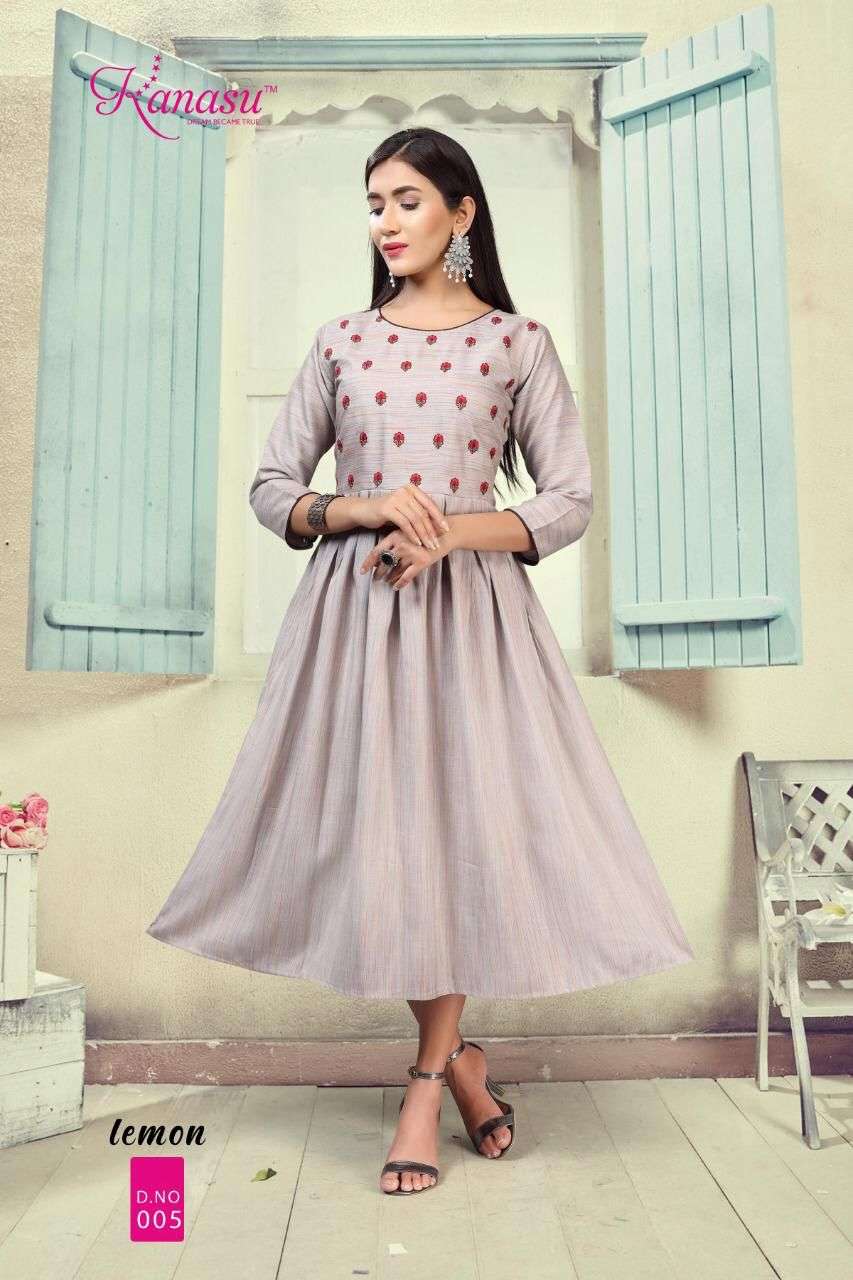 Lemon By Kanasu Reyon  Heavy Multi Flair With Embroidery Pattern Kurti Catalog Wholesaler Best Rate