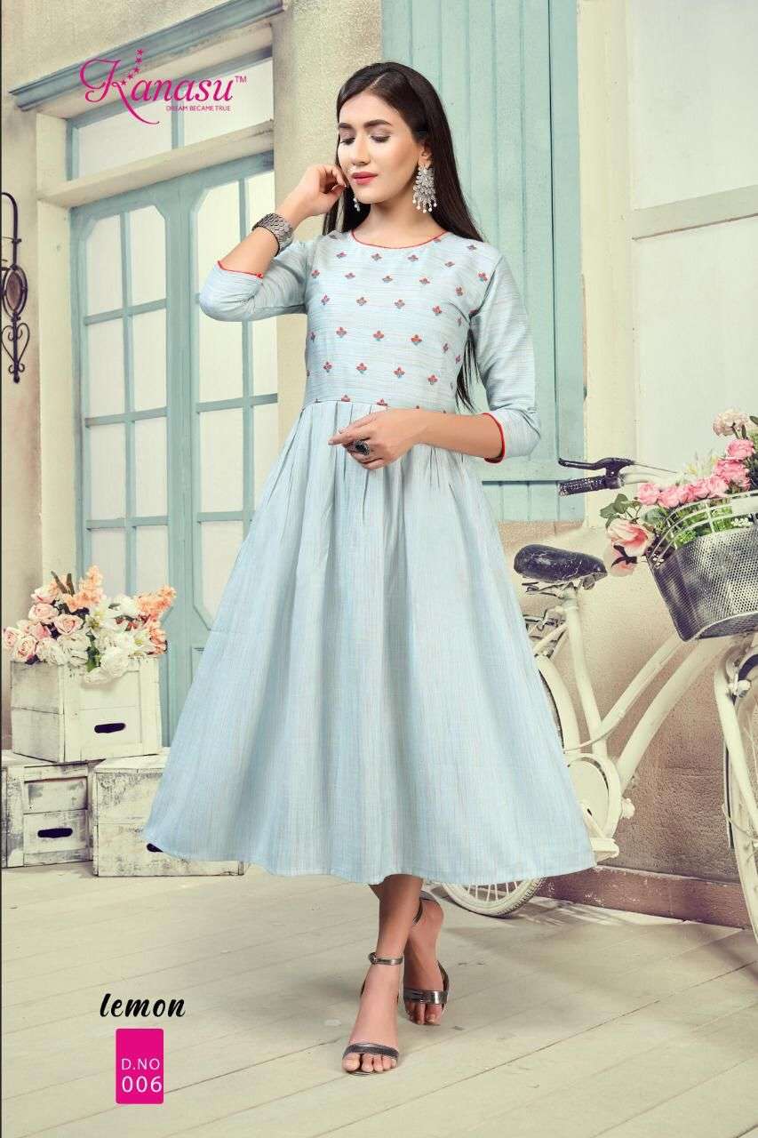 Lemon By Kanasu Reyon  Heavy Multi Flair With Embroidery Pattern Kurti Catalog Wholesaler Best Rate