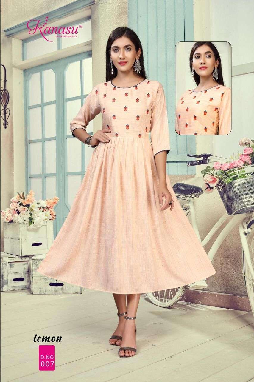 Lemon By Kanasu Reyon  Heavy Multi Flair With Embroidery Pattern Kurti Catalog Wholesaler Best Rate