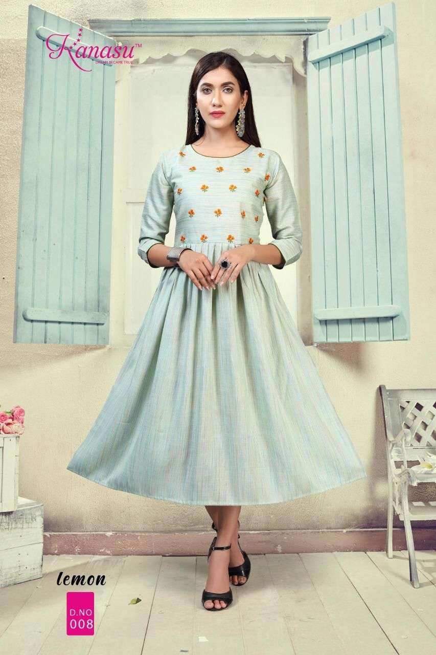 Lemon By Kanasu Reyon  Heavy Multi Flair With Embroidery Pattern Kurti Catalog Wholesaler Best Rate