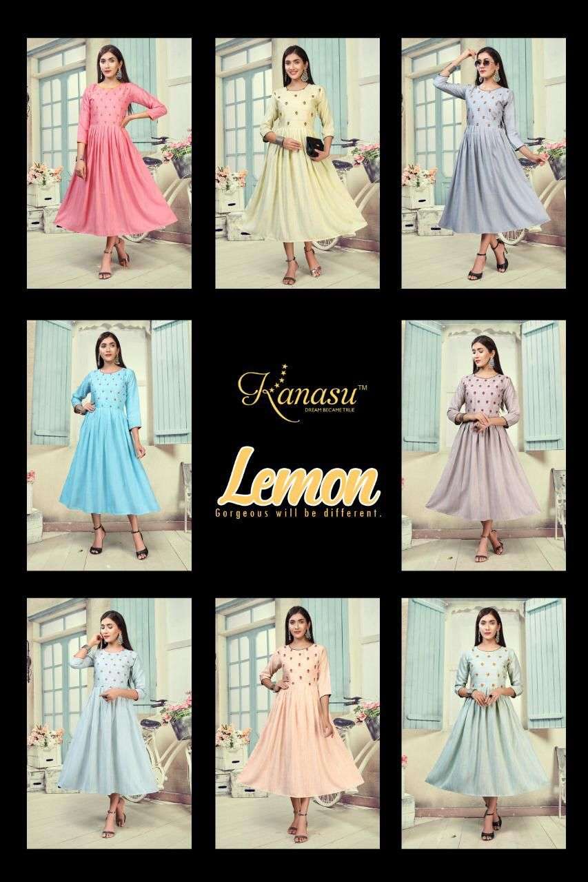 Lemon By Kanasu Reyon  Heavy Multi Flair With Embroidery Pattern Kurti Catalog Wholesaler Best Rate