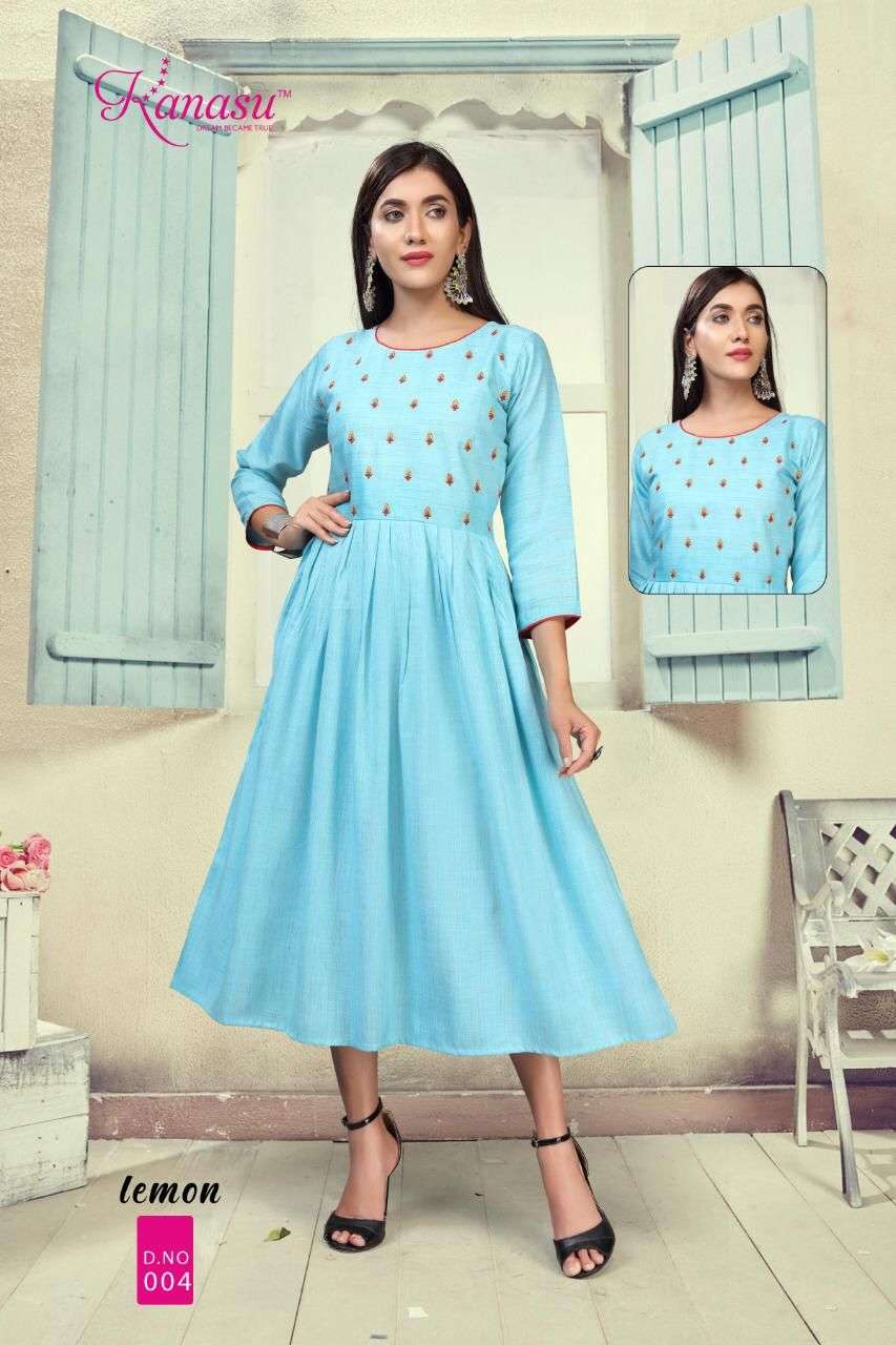 Lemon By Kanasu Reyon  Heavy Multi Flair With Embroidery Pattern Kurti Catalog Wholesaler Best Rate