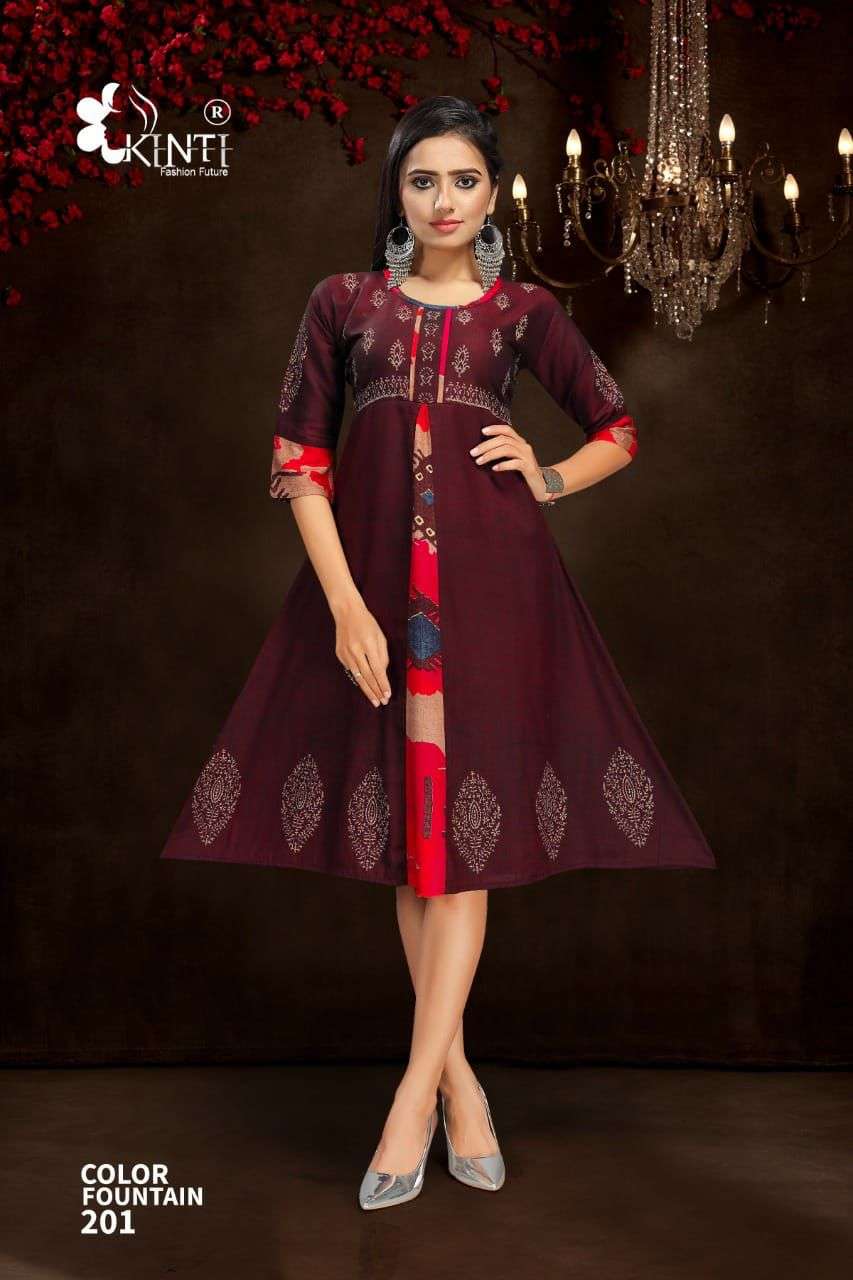 Color Fountain 2 Daily Wear Rayon Kurtis  With Flair Stiching Pattern By Kinti