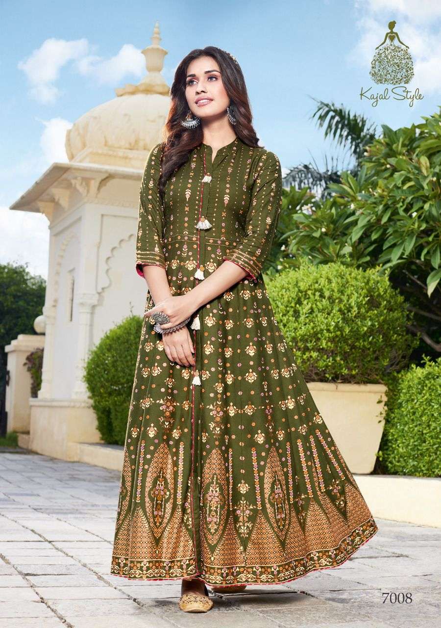 Kajal style introduce fashion colorbar vol 6 series 7001 to 7010 designer gown style long kurti