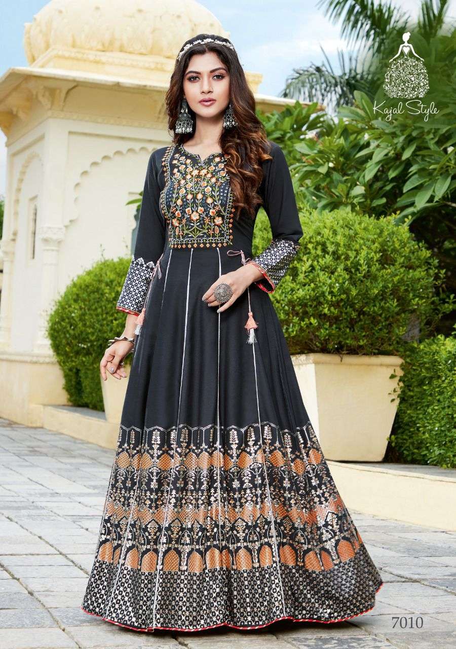 Kajal style introduce fashion colorbar vol 6 series 7001 to 7010 designer gown style long kurti