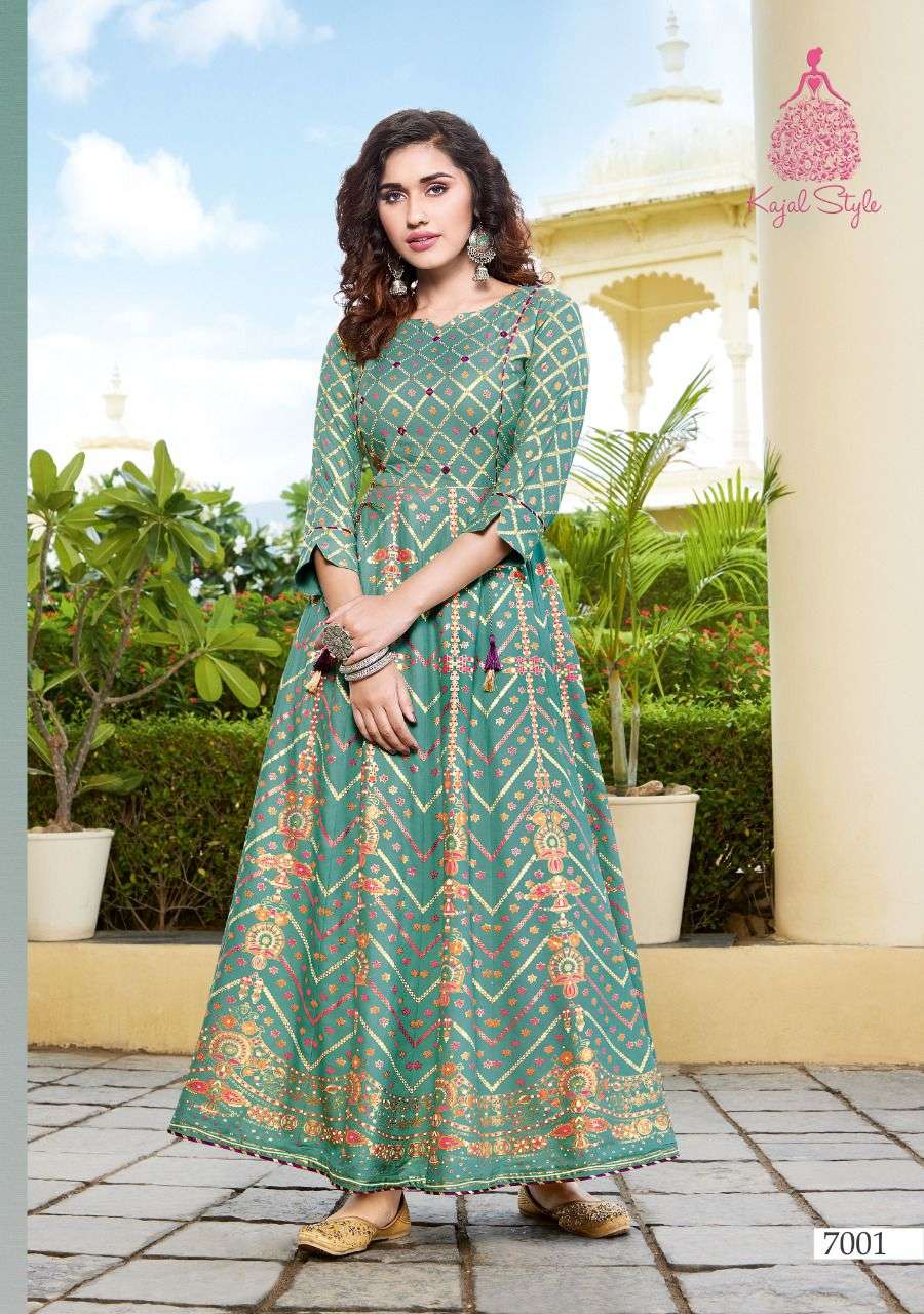 Kajal style introduce fashion colorbar vol 6 series 7001 to 7010 designer gown style long kurti