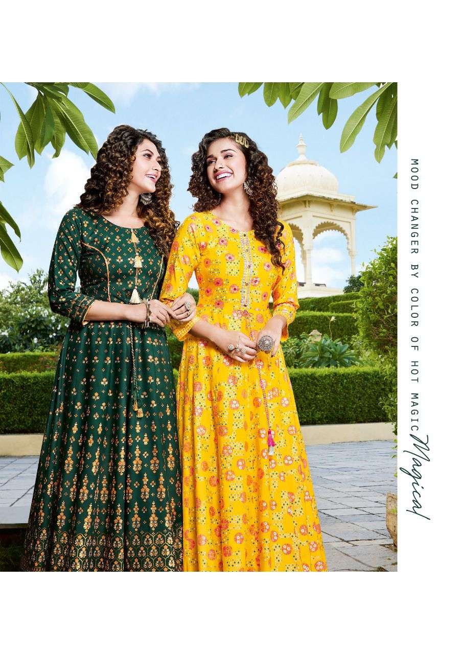 Kajal style introduce fashion colorbar vol 6 series 7001 to 7010 designer gown style long kurti