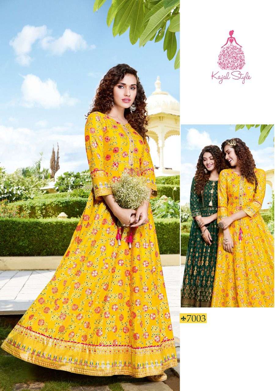 Kajal style introduce fashion colorbar vol 6 series 7001 to 7010 designer gown style long kurti