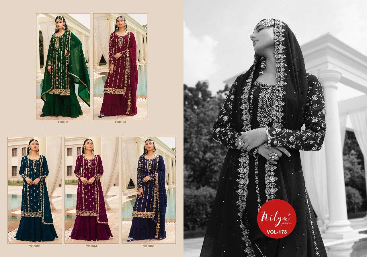 lt nitya 173 73001-73005 series georgette sharara style salwar suits catalog 