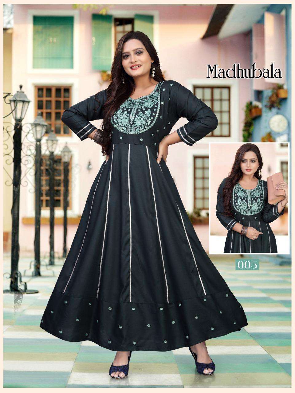 BEAUTY QUEEN MADHUBALA HEAVY RAYON Embroidered Mirror Work Kurti with Kali Pattern KURTI CATALOG WHOLESALER BEST RATE
