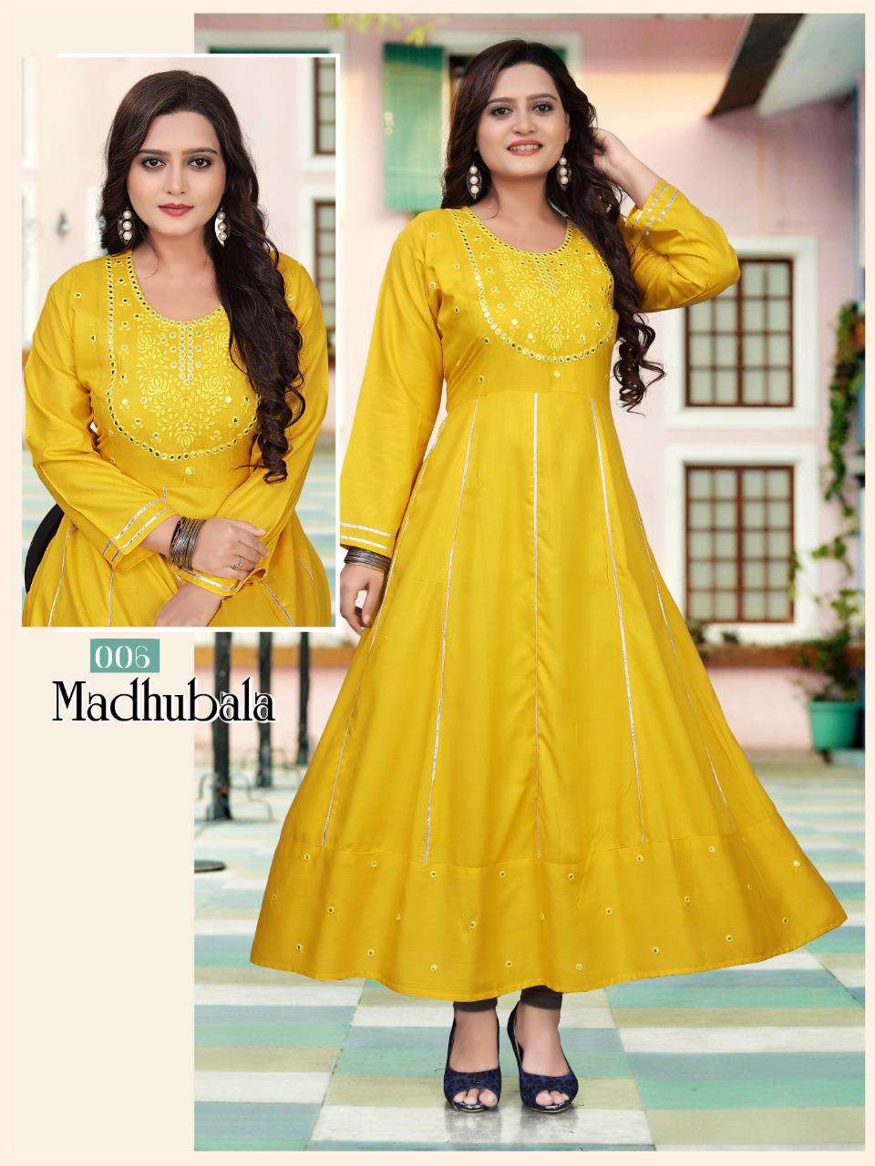 BEAUTY QUEEN MADHUBALA HEAVY RAYON Embroidered Mirror Work Kurti with Kali Pattern KURTI CATALOG WHOLESALER BEST RATE