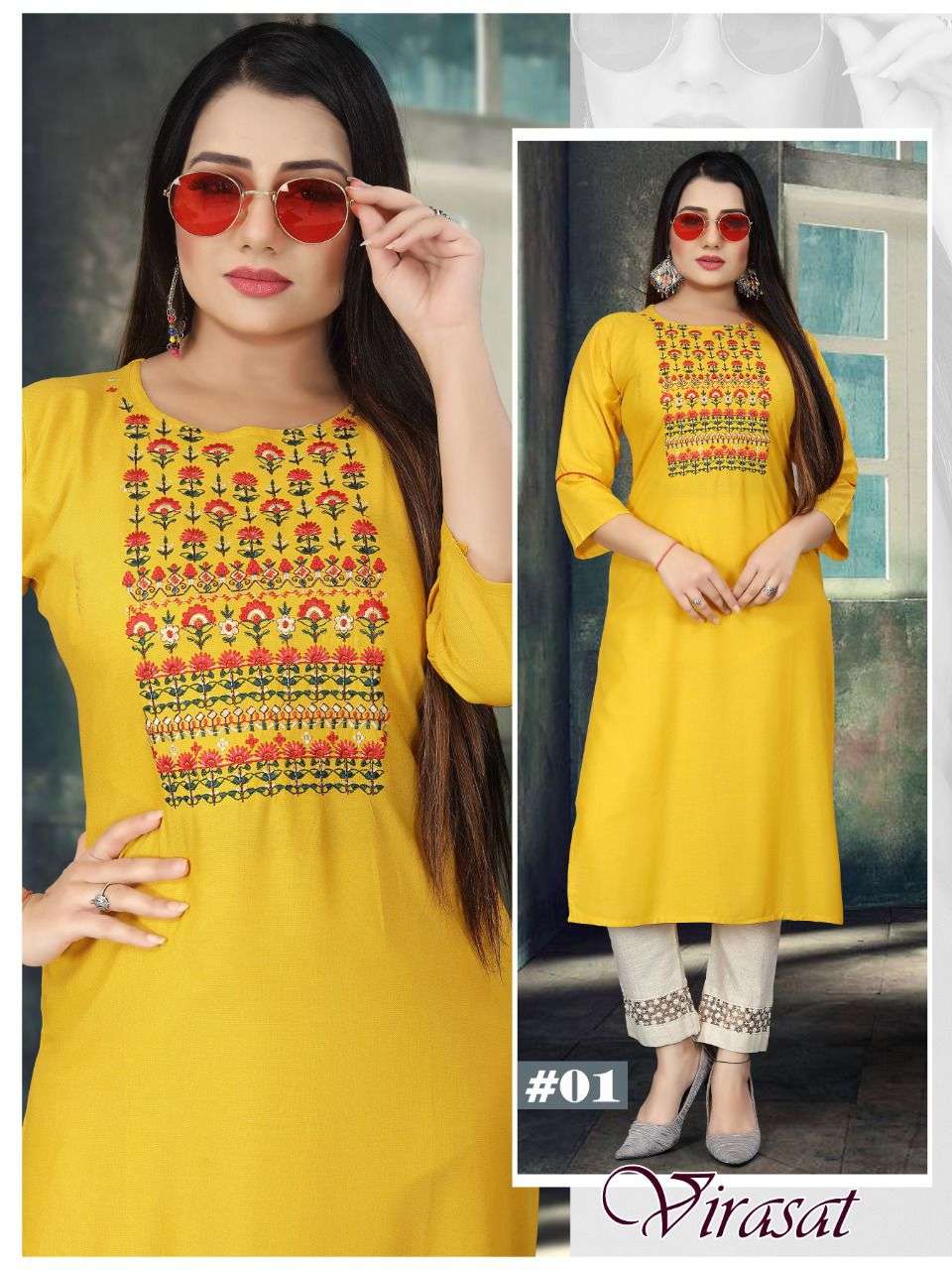 BEAUTY QUEEN VIRASAT HEAVY RAYON WITH WORK KURTI CATALOG WHOLESALER BEST RATE