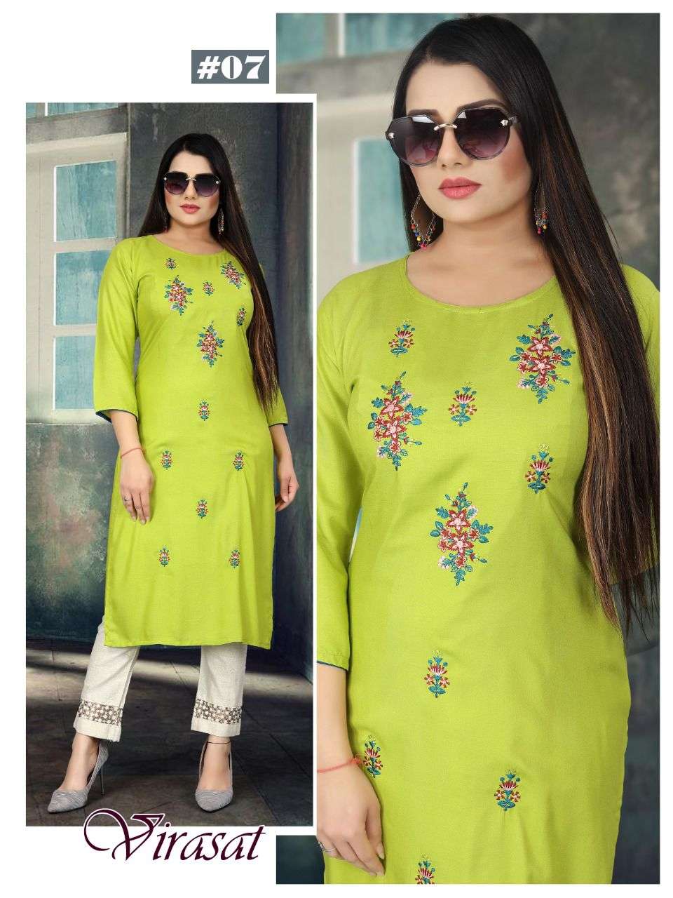BEAUTY QUEEN VIRASAT HEAVY RAYON WITH WORK KURTI CATALOG WHOLESALER BEST RATE