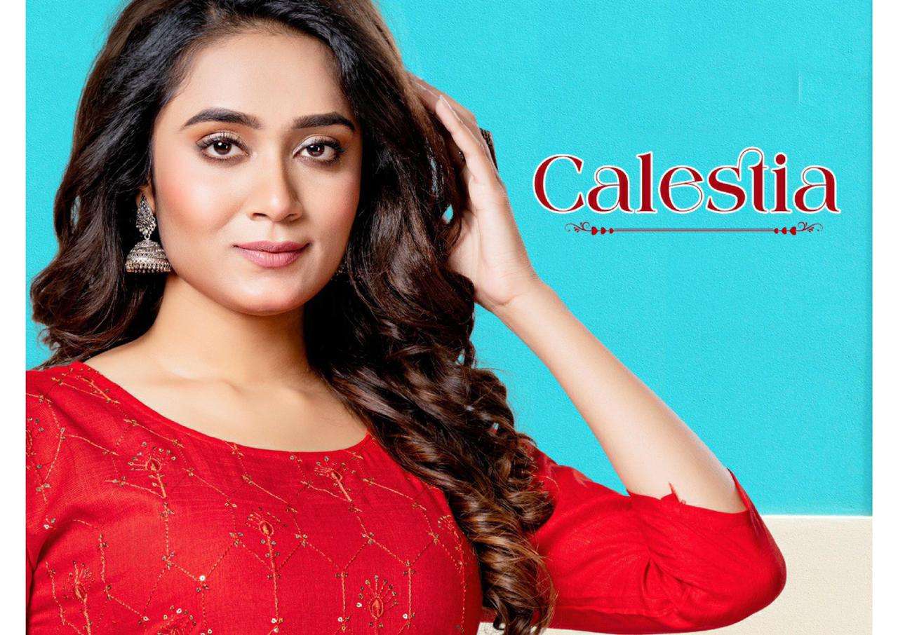 CALESTIA HEAVY RAYON WITH WORK KURTI CATALOG WHOLESALER BEST RATE