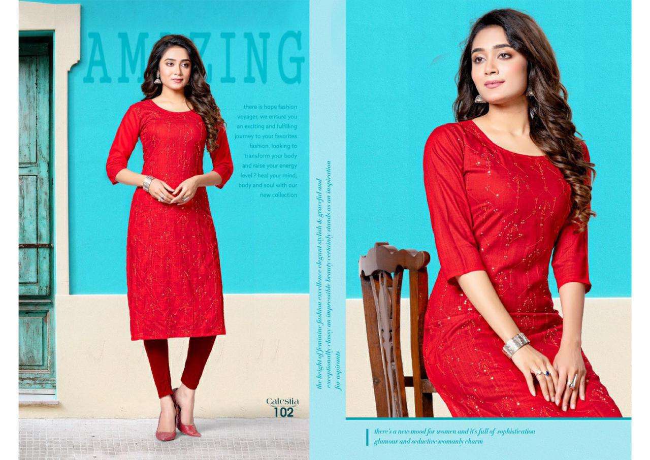 CALESTIA HEAVY RAYON WITH WORK KURTI CATALOG WHOLESALER BEST RATE