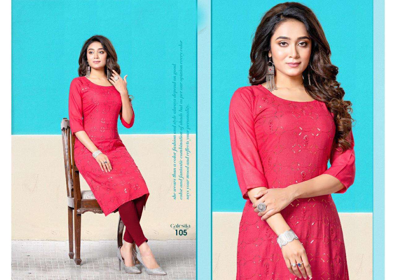CALESTIA HEAVY RAYON WITH WORK KURTI CATALOG WHOLESALER BEST RATE
