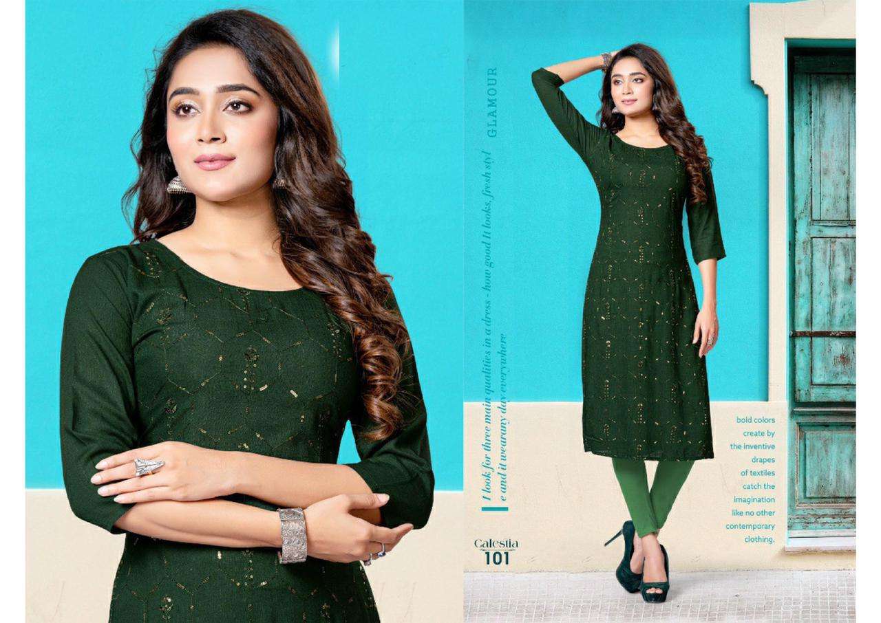 CALESTIA HEAVY RAYON WITH WORK KURTI CATALOG WHOLESALER BEST RATE