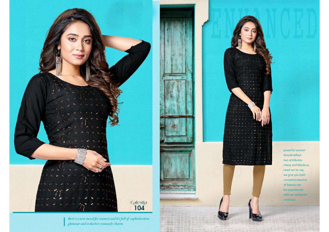 CALESTIA HEAVY RAYON WITH WORK KURTI CATALOG WHOLESALER BEST RATE