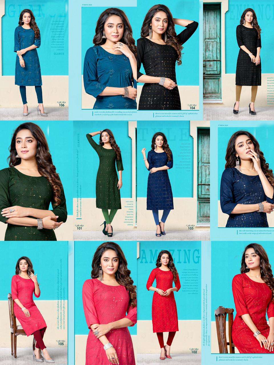 CALESTIA HEAVY RAYON WITH WORK KURTI CATALOG WHOLESALER BEST RATE