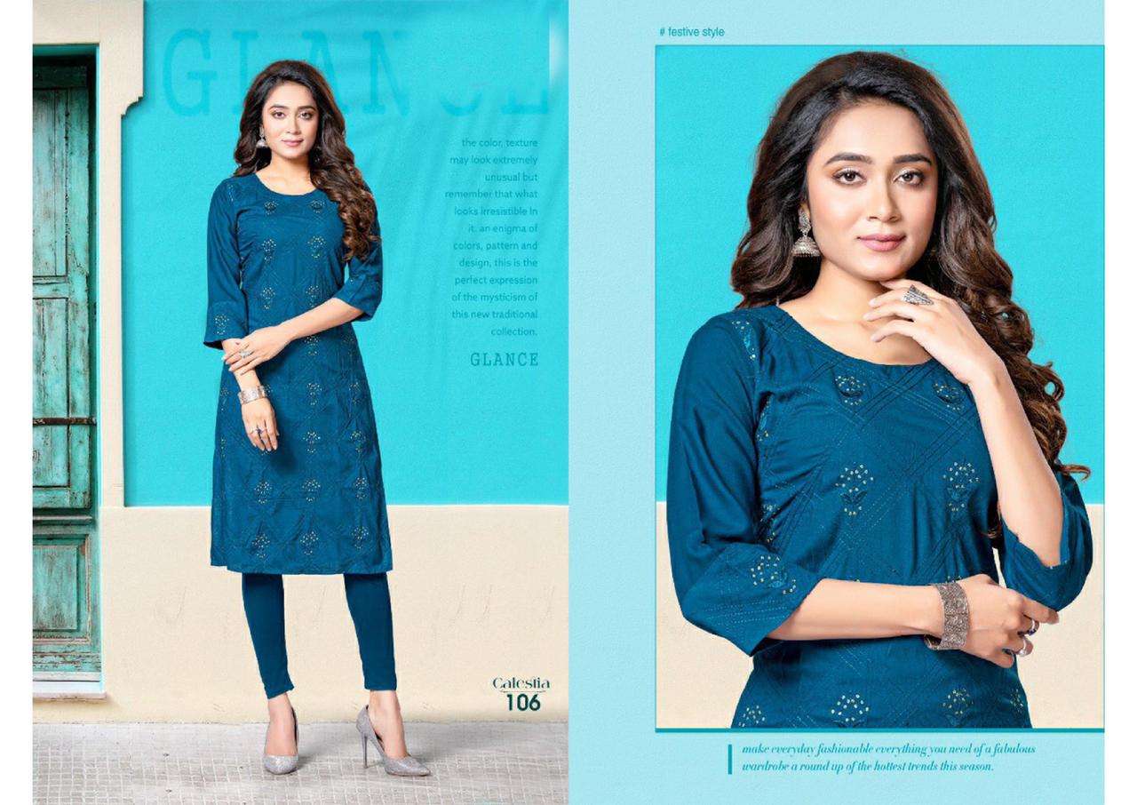 CALESTIA HEAVY RAYON WITH WORK KURTI CATALOG WHOLESALER BEST RATE
