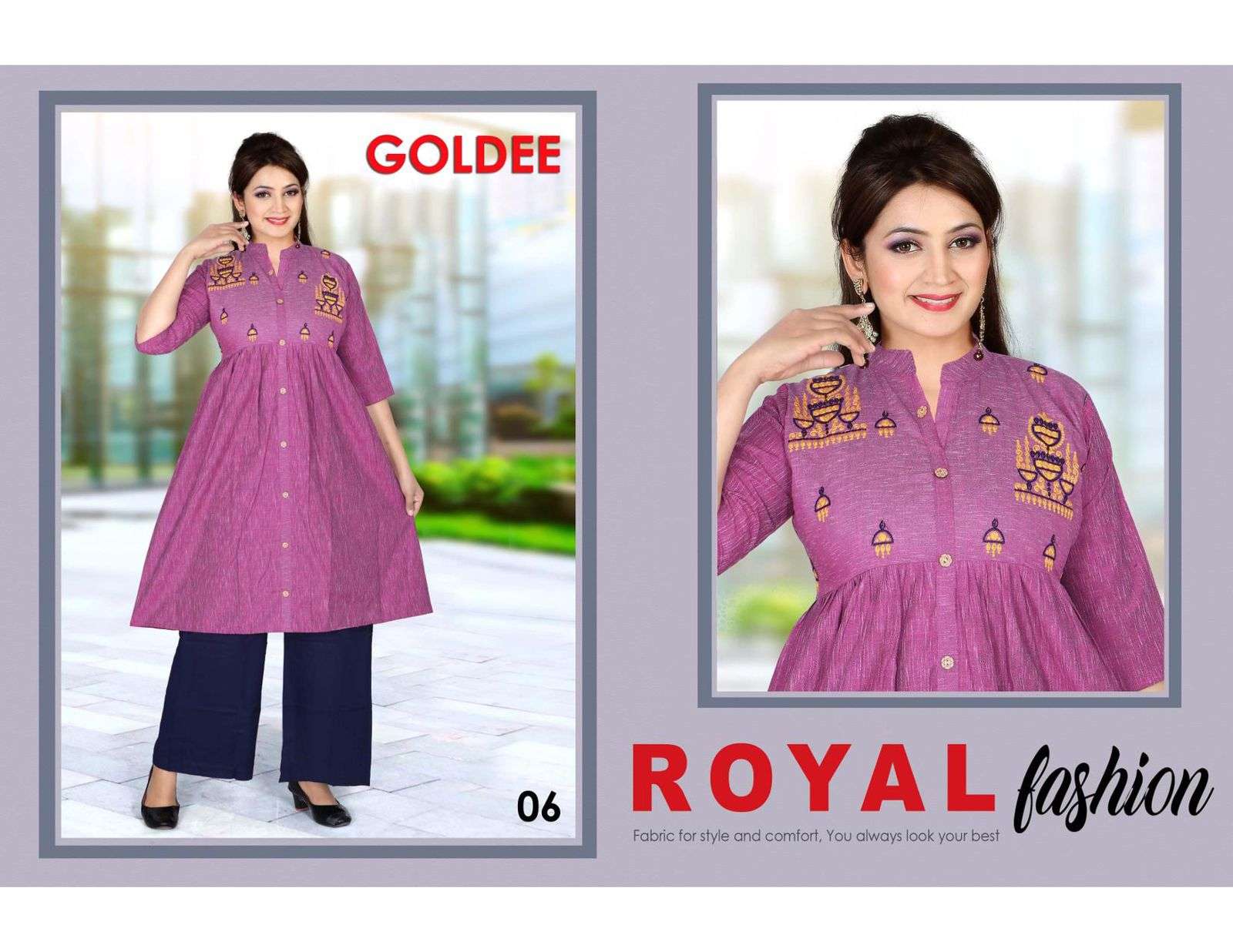 TRENDY GOLDEE (WITH PLAZO) HEAVY COTTON KURTI WITH WORK WITH RAYON PLAZO  CATALOG WHOLESALER BEST RATE