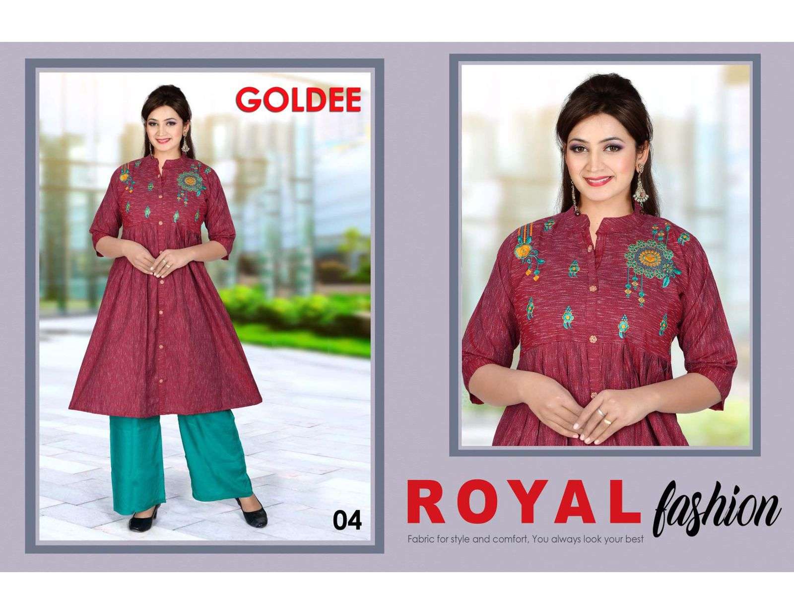 TRENDY GOLDEE (WITH PLAZO) HEAVY COTTON KURTI WITH WORK WITH RAYON PLAZO  CATALOG WHOLESALER BEST RATE