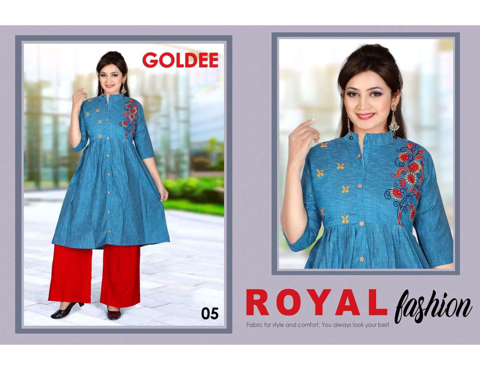 TRENDY GOLDEE (WITH PLAZO) HEAVY COTTON KURTI WITH WORK WITH RAYON PLAZO  CATALOG WHOLESALER BEST RATE