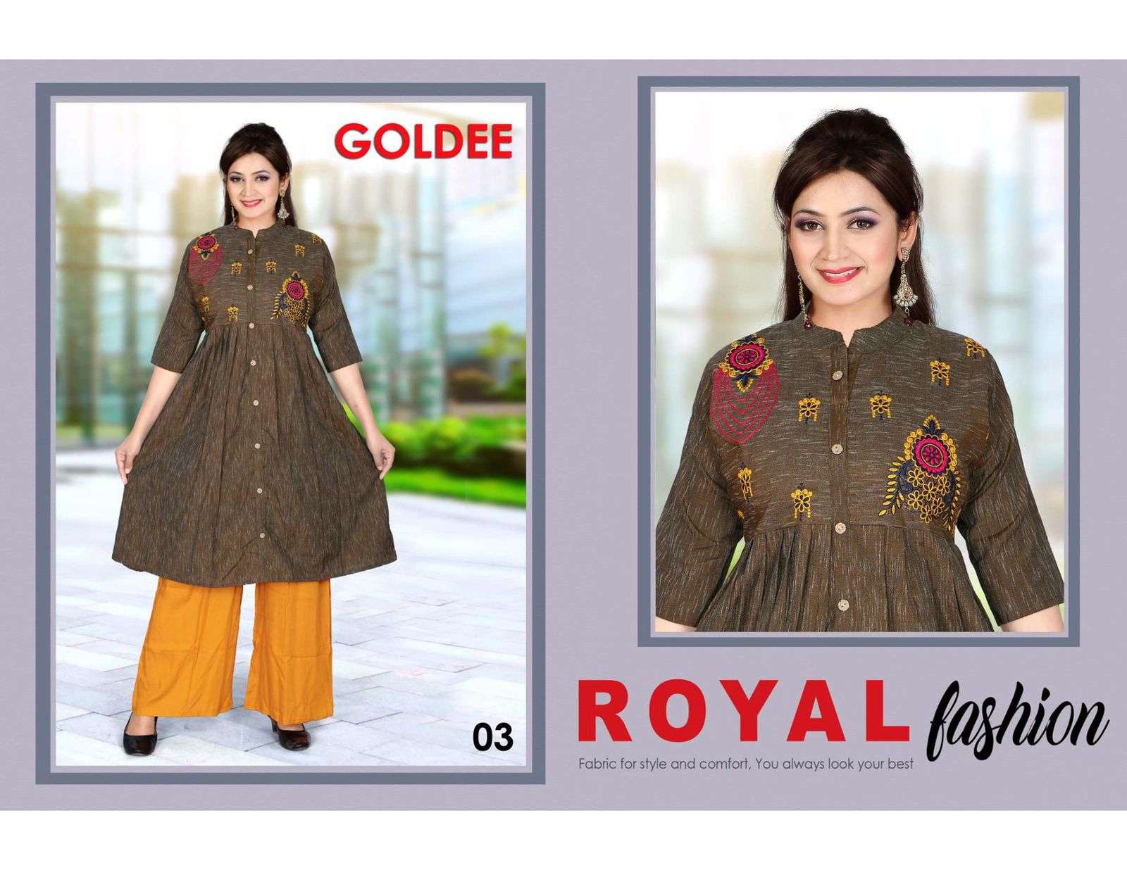 TRENDY GOLDEE (WITH PLAZO) HEAVY COTTON KURTI WITH WORK WITH RAYON PLAZO  CATALOG WHOLESALER BEST RATE