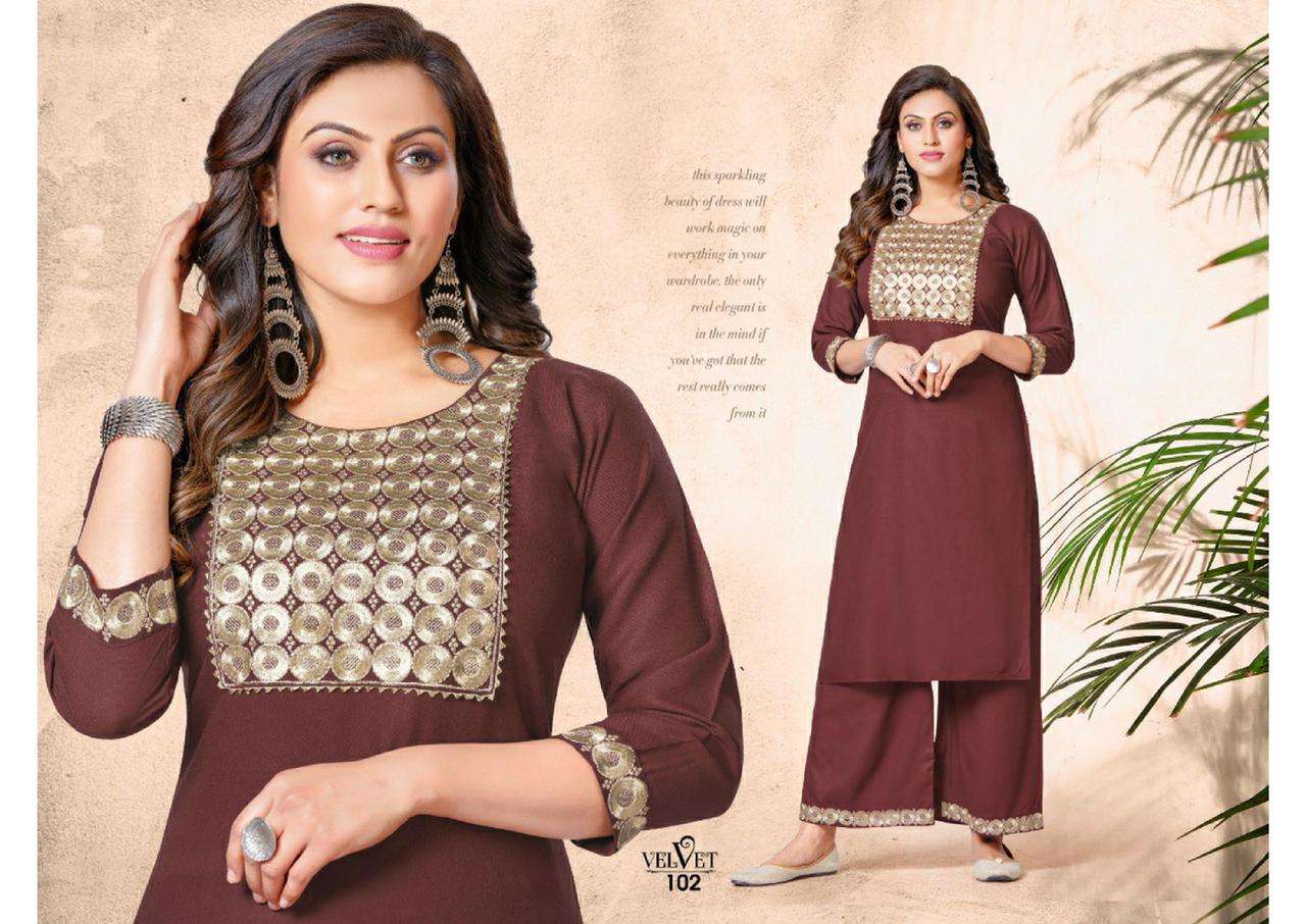 VELVET HEAVY RAYON WORK KURTI PLAZZO CATALOG WHOLESALER 