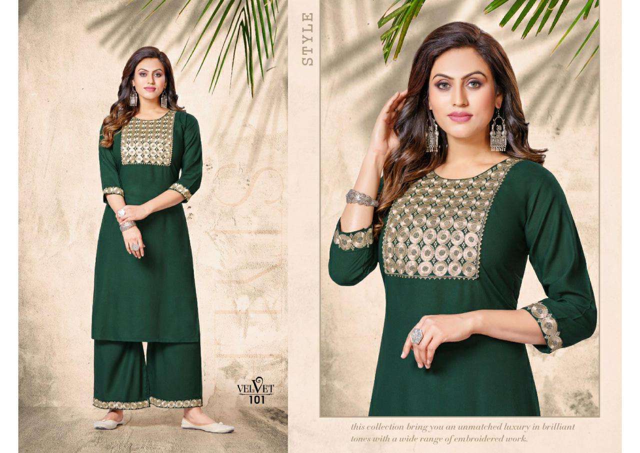 VELVET HEAVY RAYON WORK KURTI PLAZZO CATALOG WHOLESALER 
