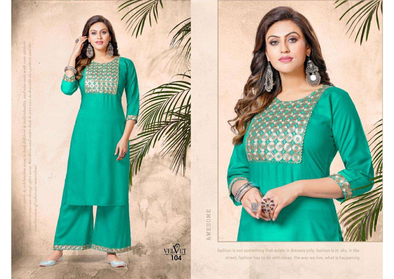 VELVET HEAVY RAYON WORK KURTI PLAZZO CATALOG WHOLESALER 