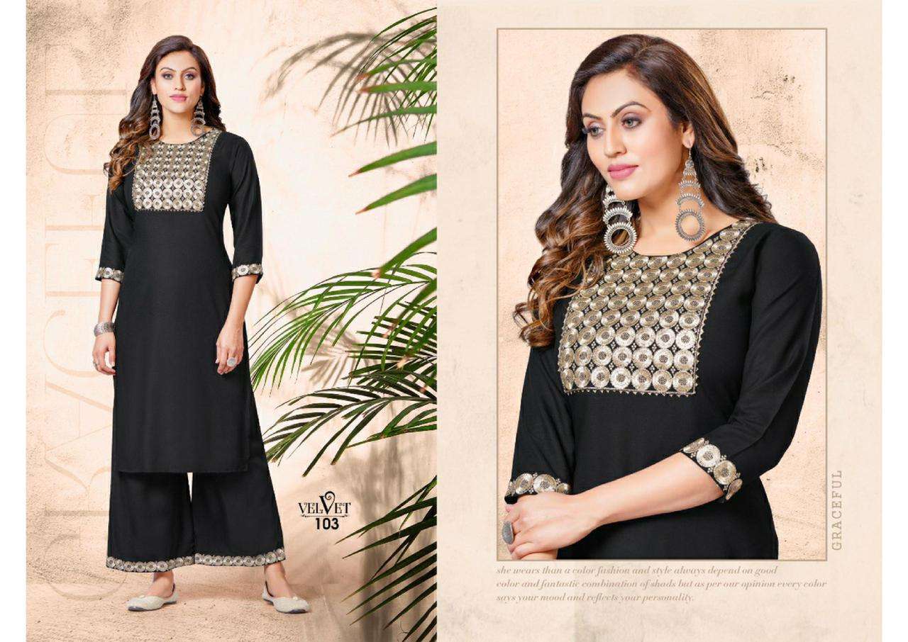 VELVET HEAVY RAYON WORK KURTI PLAZZO CATALOG WHOLESALER 