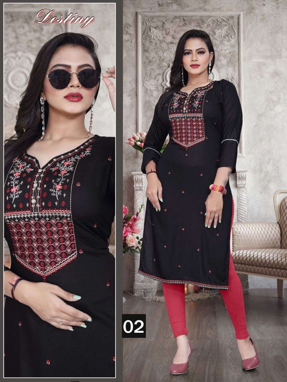 BEAUTY QUEEN DESTINY VOL.3 Rayon Heavy Embroidered Straight Sleeve Work Kurti CATALOG WHOLESALER BEST RATE