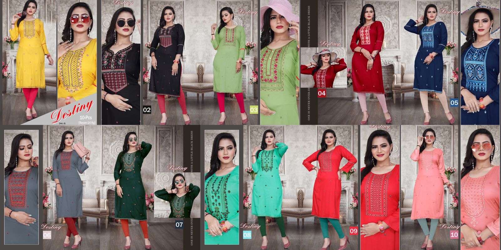 BEAUTY QUEEN DESTINY VOL.3 Rayon Heavy Embroidered Straight Sleeve Work Kurti CATALOG WHOLESALER BEST RATE