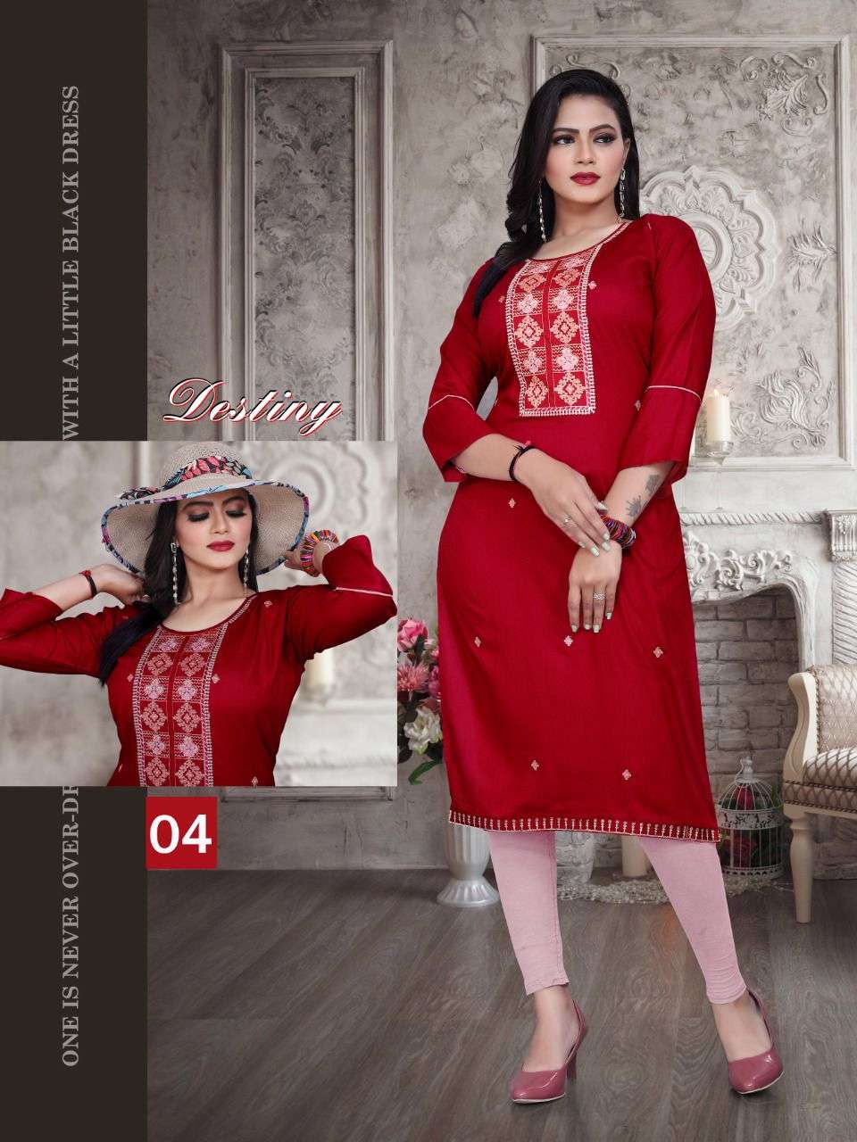 BEAUTY QUEEN DESTINY VOL.3 Rayon Heavy Embroidered Straight Sleeve Work Kurti CATALOG WHOLESALER BEST RATE