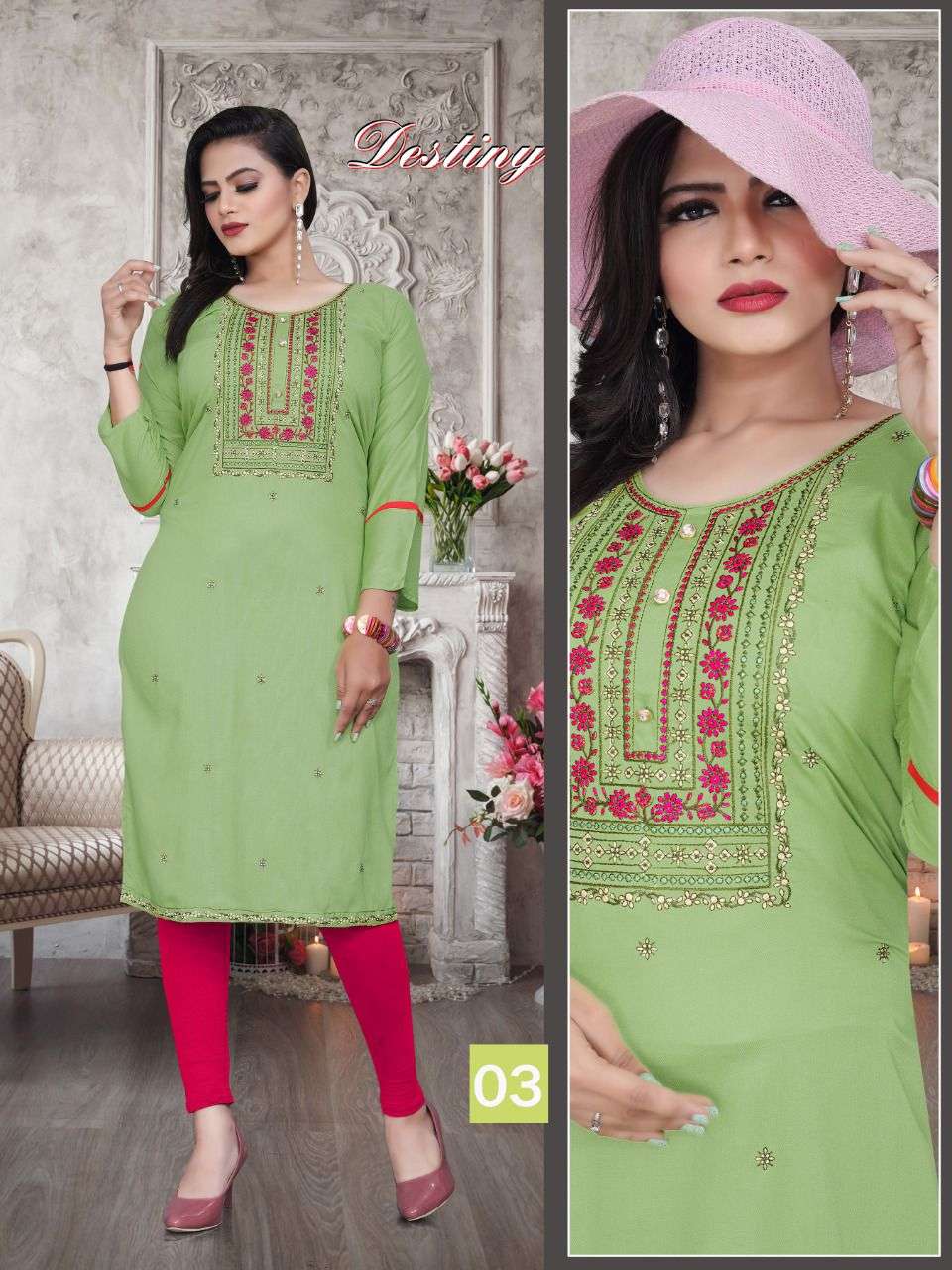 BEAUTY QUEEN DESTINY VOL.3 Rayon Heavy Embroidered Straight Sleeve Work Kurti CATALOG WHOLESALER BEST RATE